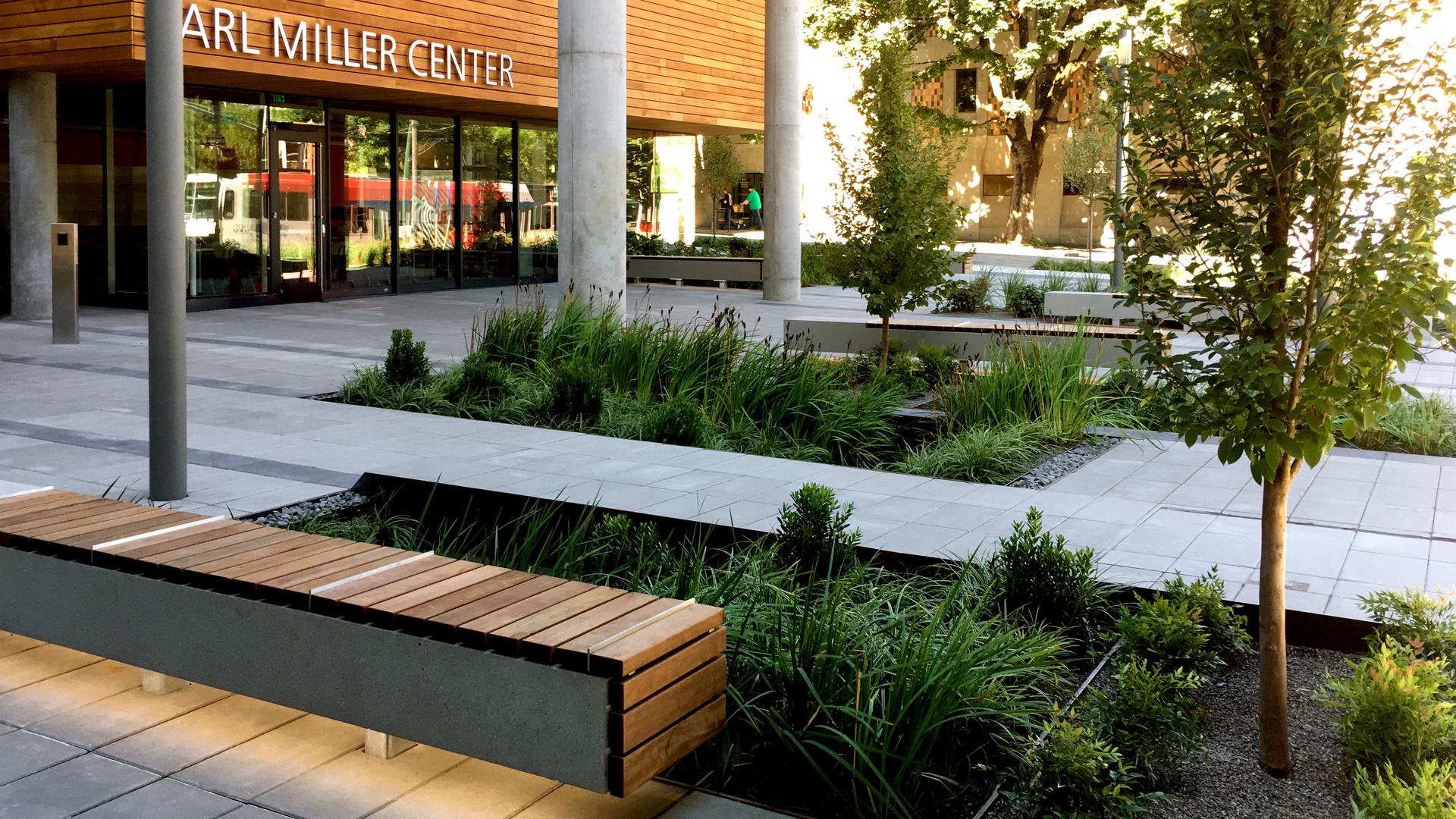 Landscape in front of the Karl Miller Center building at PSU