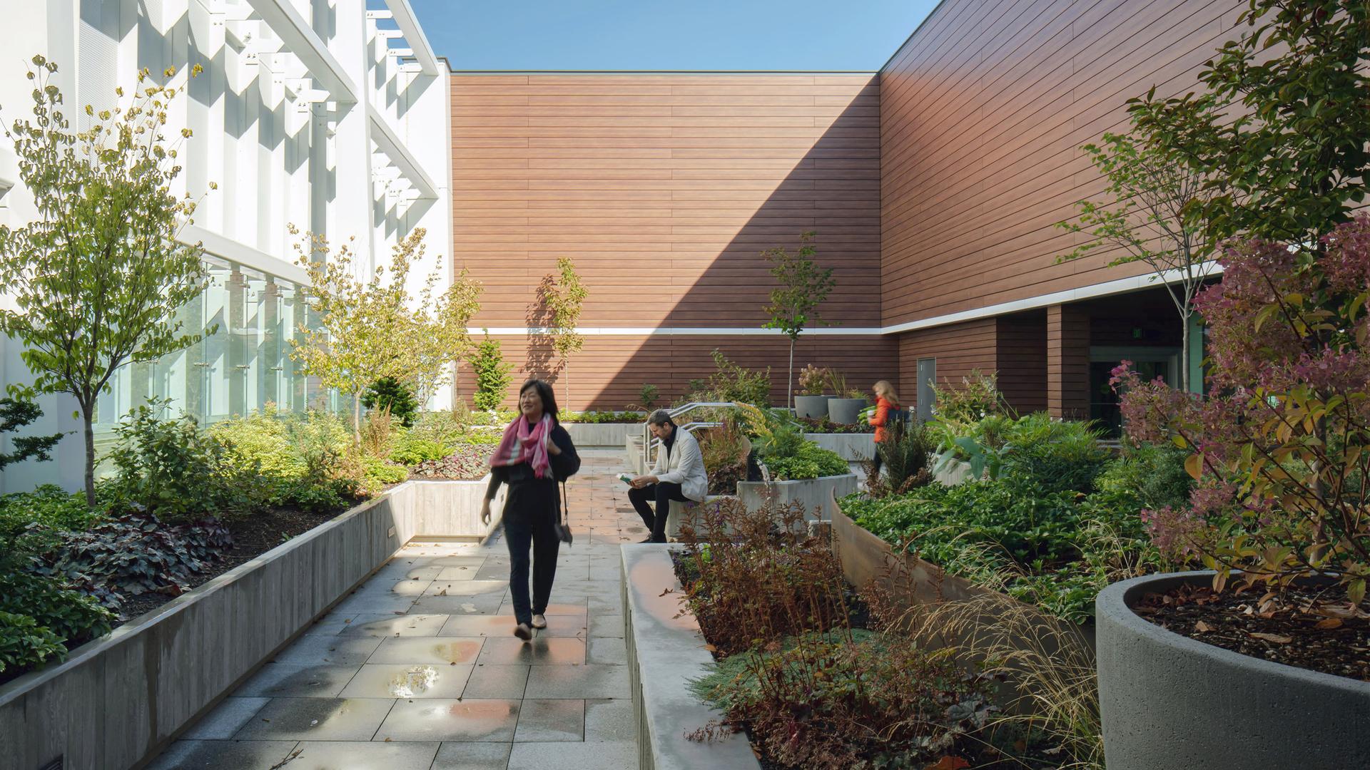 People walking and sitting in the therapeutic garden with raised planters and seating.