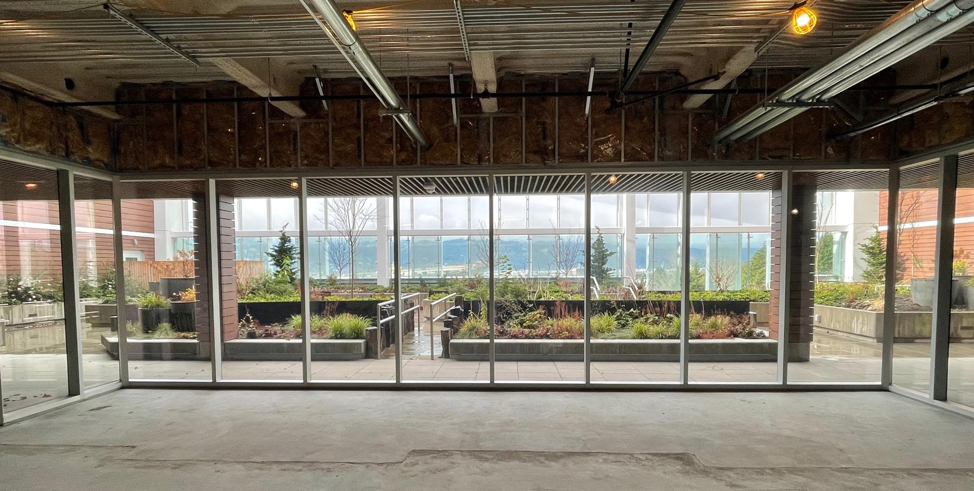 View of the therapeutic garden through large windows from inside the building while under construction.