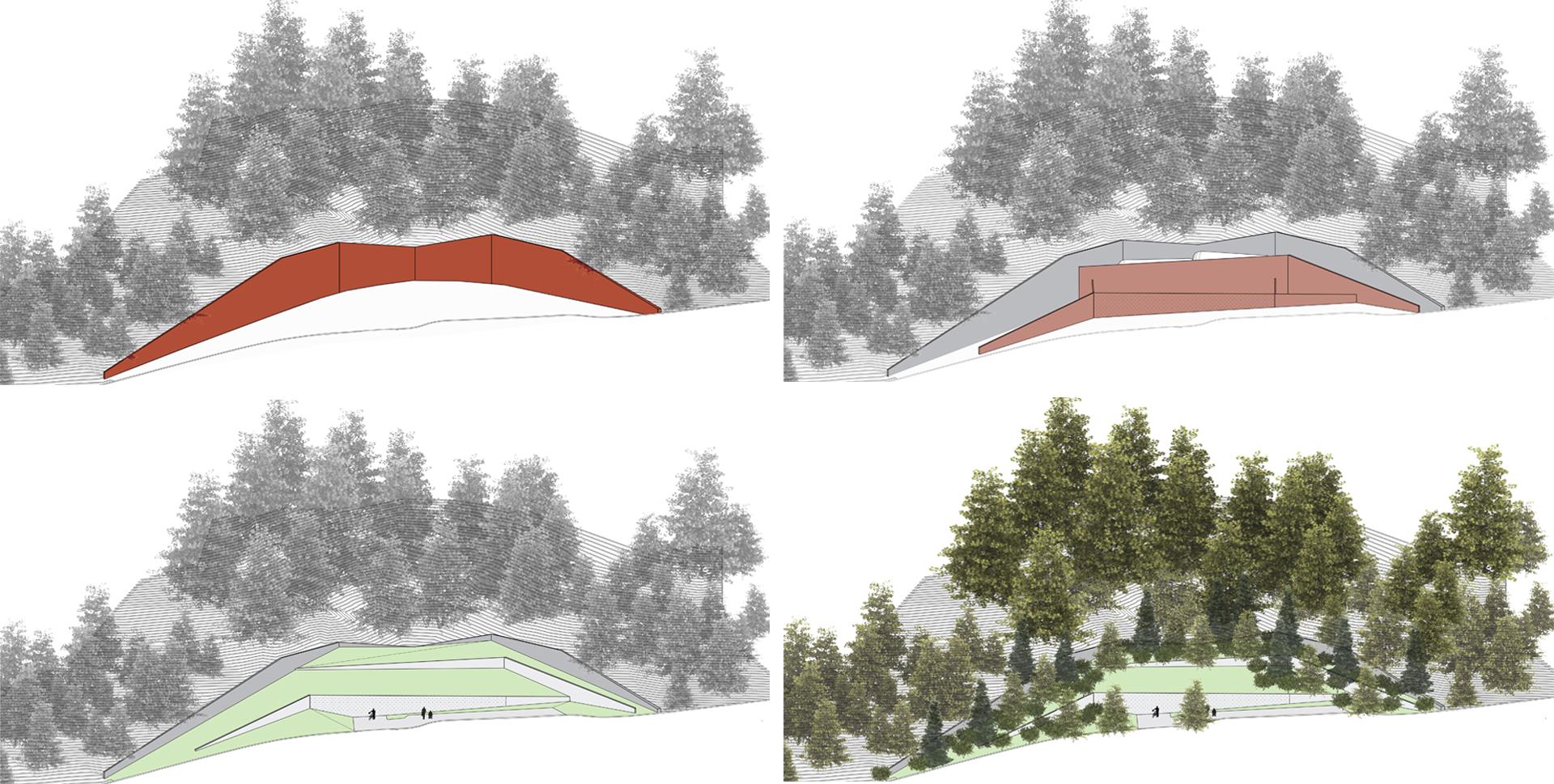 Conceptual elevation studies for the OHSU multi-modal hub showing different design options within a forested hillside.