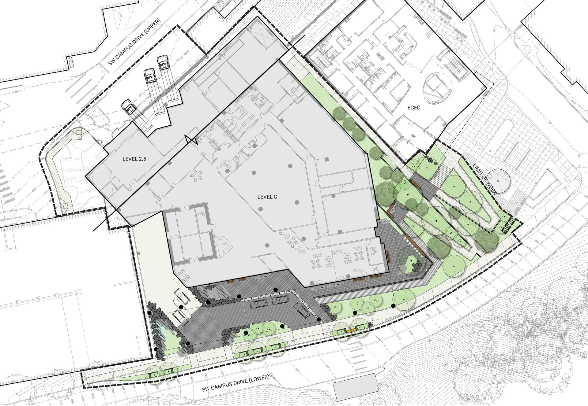 Site plan of OHSU Vista Pavilion showing building footprint, walkways, and landscaped areas.