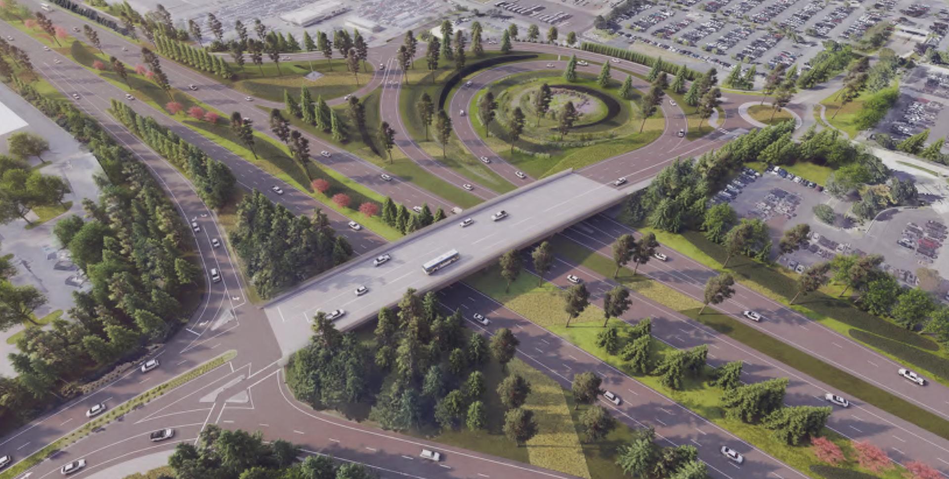 3D rendering of the roadway landscape design for the PDX landscape master plan.
