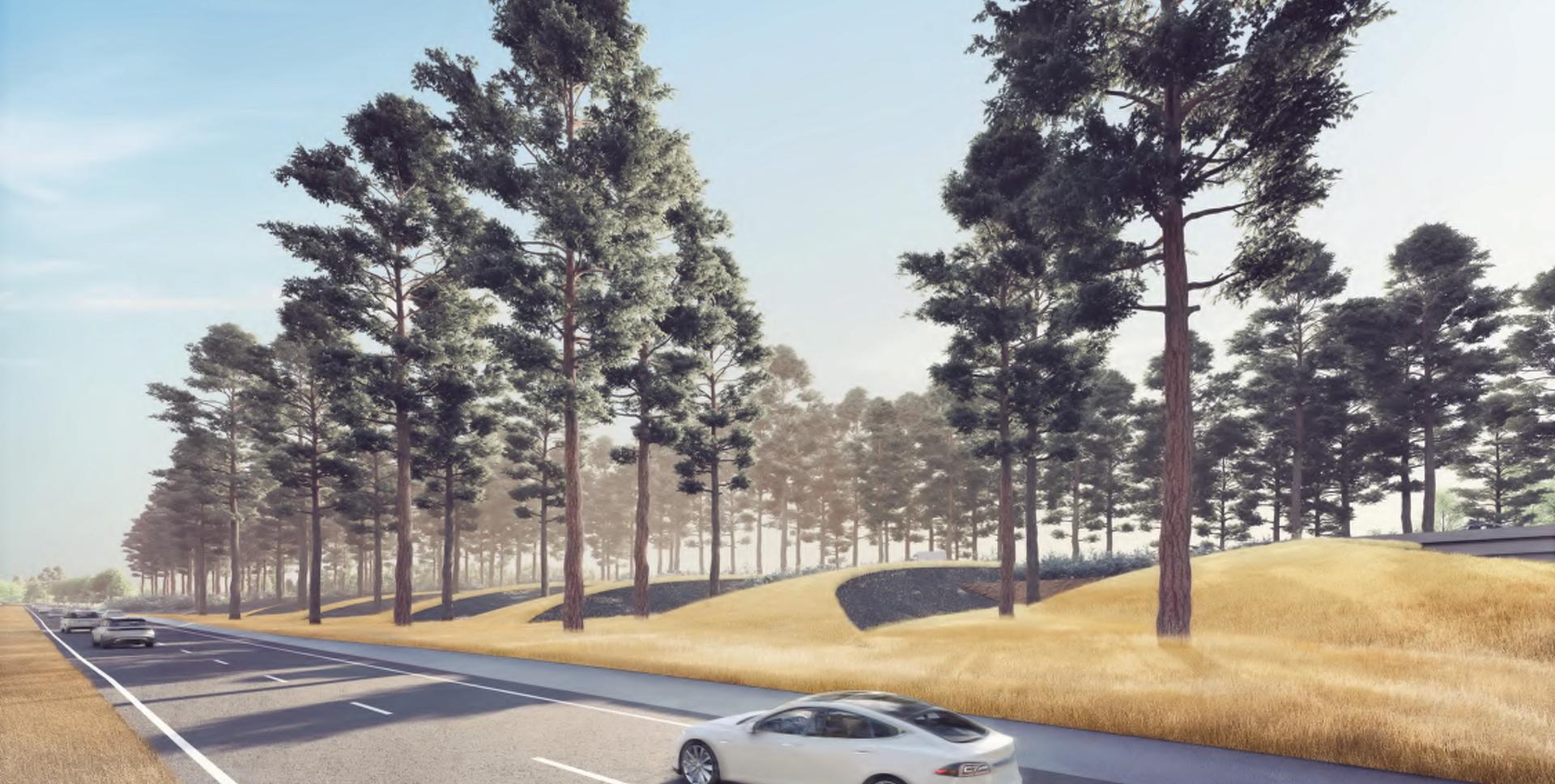 Rendering of I-205 airport approach with open landscape and tall trees.