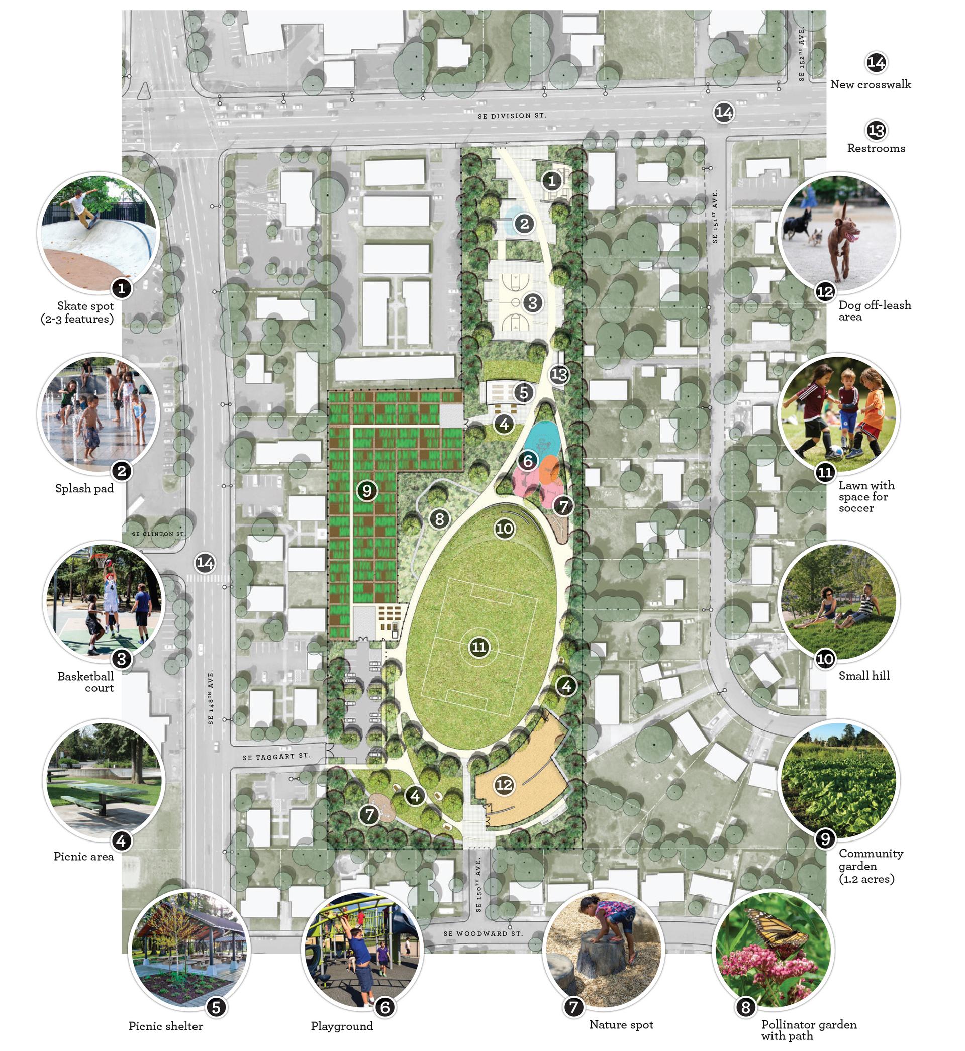 Site plan of a new park with lawn, playground, community garden, and other amenities.