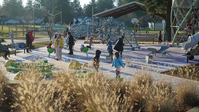 Children and families playing at the Mill Parks playground on a sunny day.